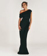 Asymmetric Neck Satin Bridesmaid Dress - Black