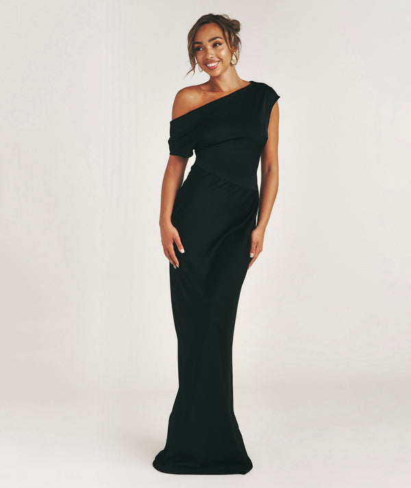 Asymmetric Neck Satin Bridesmaid Dress - Black- Size US 4 Asymmetric Neck Satin Bridesmaid Dress - Black- Size US 4