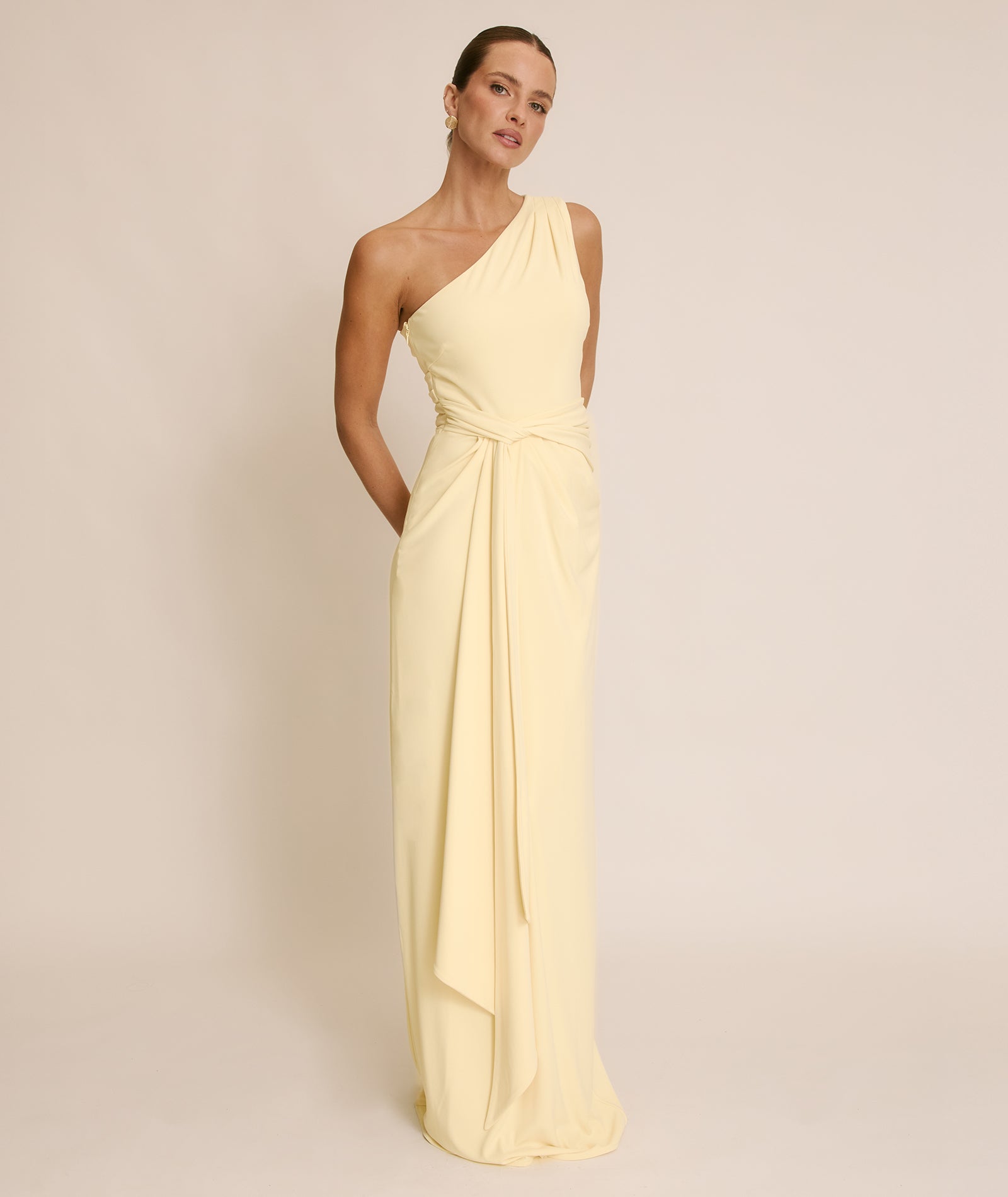 One Shoulder Long Chiffon Bridesmaid Gown Lemon main image 1