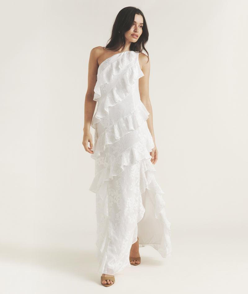 One Shoulder Floral Ruffle Maxi Dress