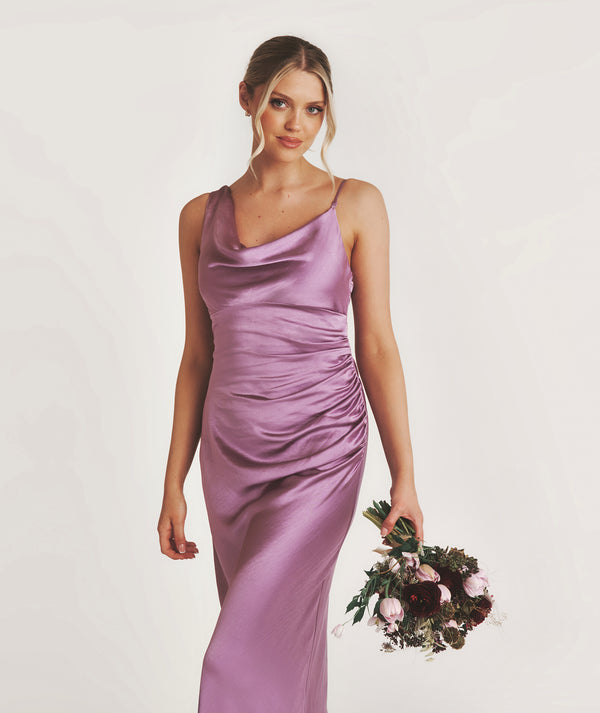 purple satin bridesmaid dresses Bandeau Satin Bridesmaid Dress with Chiffon Neck Scarf