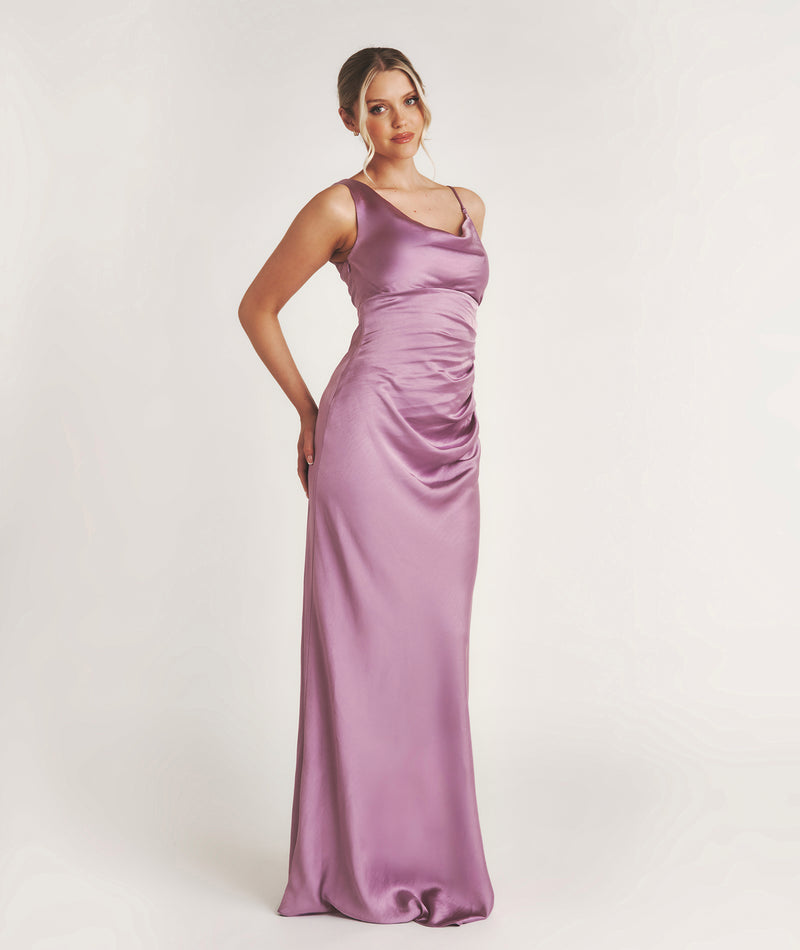 Cowl Asymmetrical Satin Bridesmaid Dress - Orchid