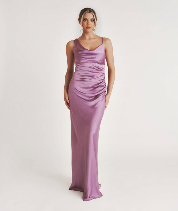 One Shoulder Drape Satin Bridesmaid Dress - Orchid Six Stories One Shoulder Drape Satin Bridesmaid Dress - Orchid Six Stories
