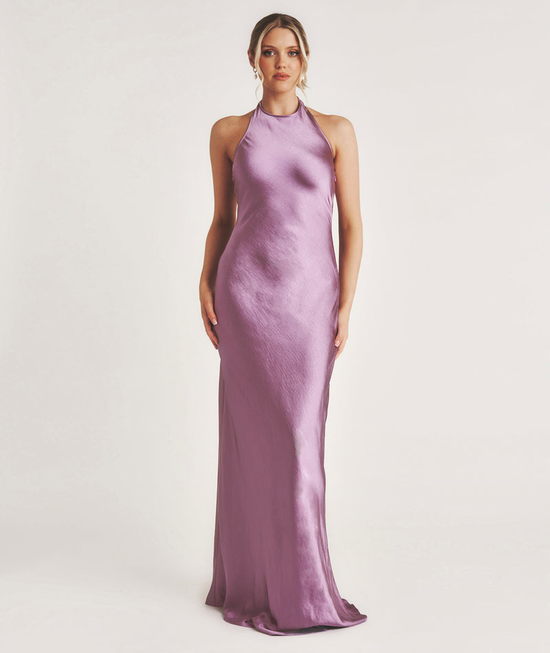 Racer Neck Satin Bridesmaid Dress - Orchid