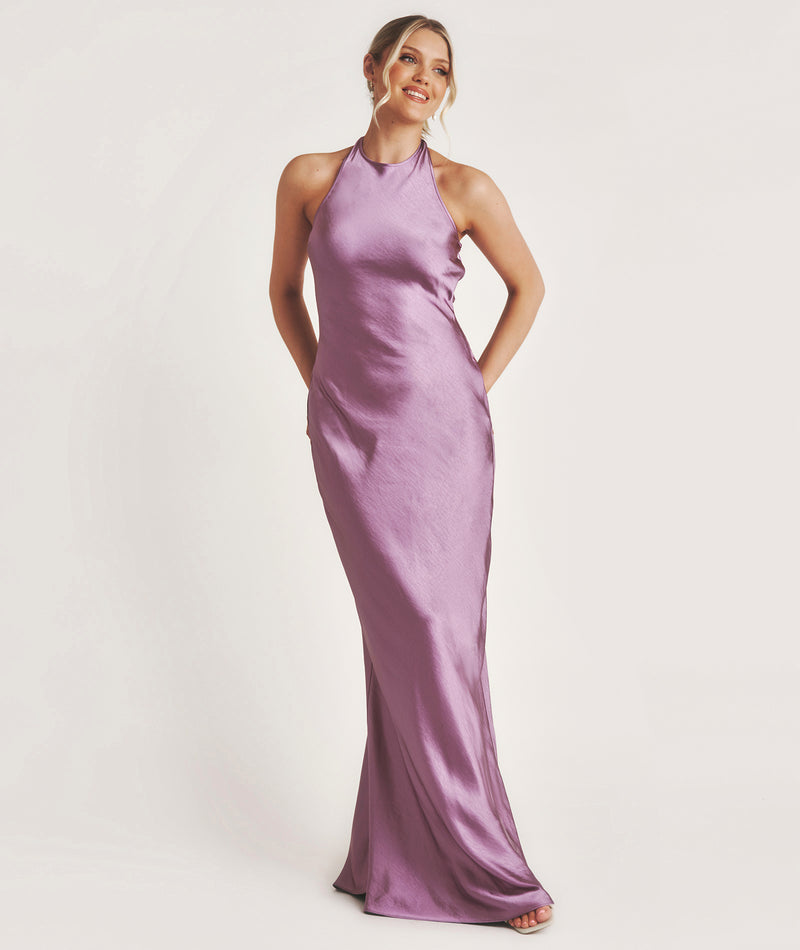Racer Neck Satin Bridesmaid Dress - Orchid
