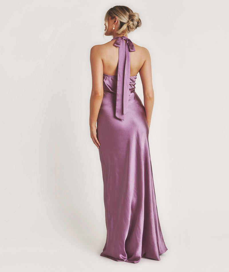 Racer Neck Satin Bridesmaid Dress - Orchid