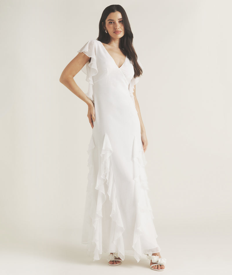 Ruffle V Neck Plunge Maxi Dress - White- Size US 2 Ruffle V Neck Plunge Maxi Dress - White- Size US 2