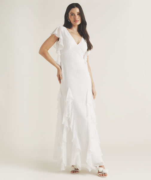 ruffle v neck dress Plunge Maxi SIMKHAI Holloway Mini Dress Material:Chiffon Ruffles are a popular 20's dresses