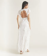Ruffle V Neck Plunge Maxi Dress - White