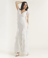 Ruffle V Neck Plunge Maxi Dress - White