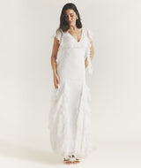 Ruffle V Neck Plunge Maxi Dress - White