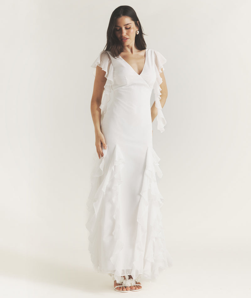 Ruffle V Neck Plunge Maxi Dress