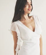 Ruffle V Neck Plunge Maxi Dress - White