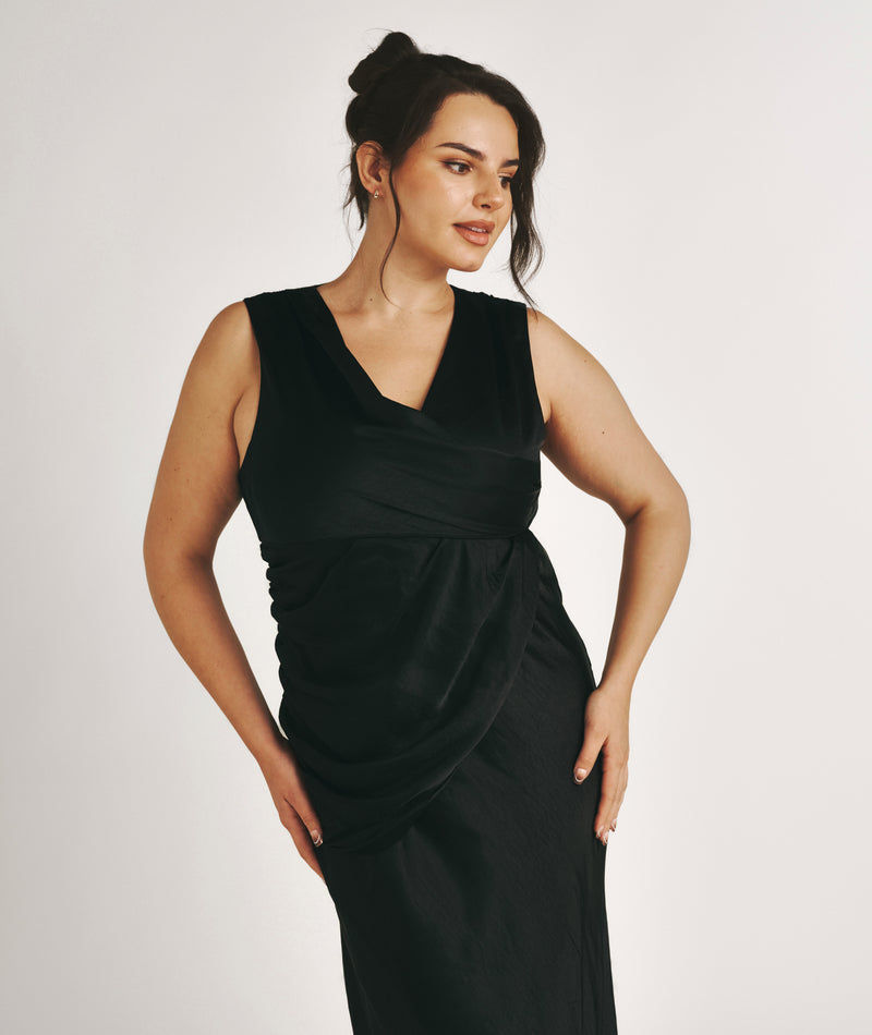 Drape Detail Satin Bridesmaid Dress - Black