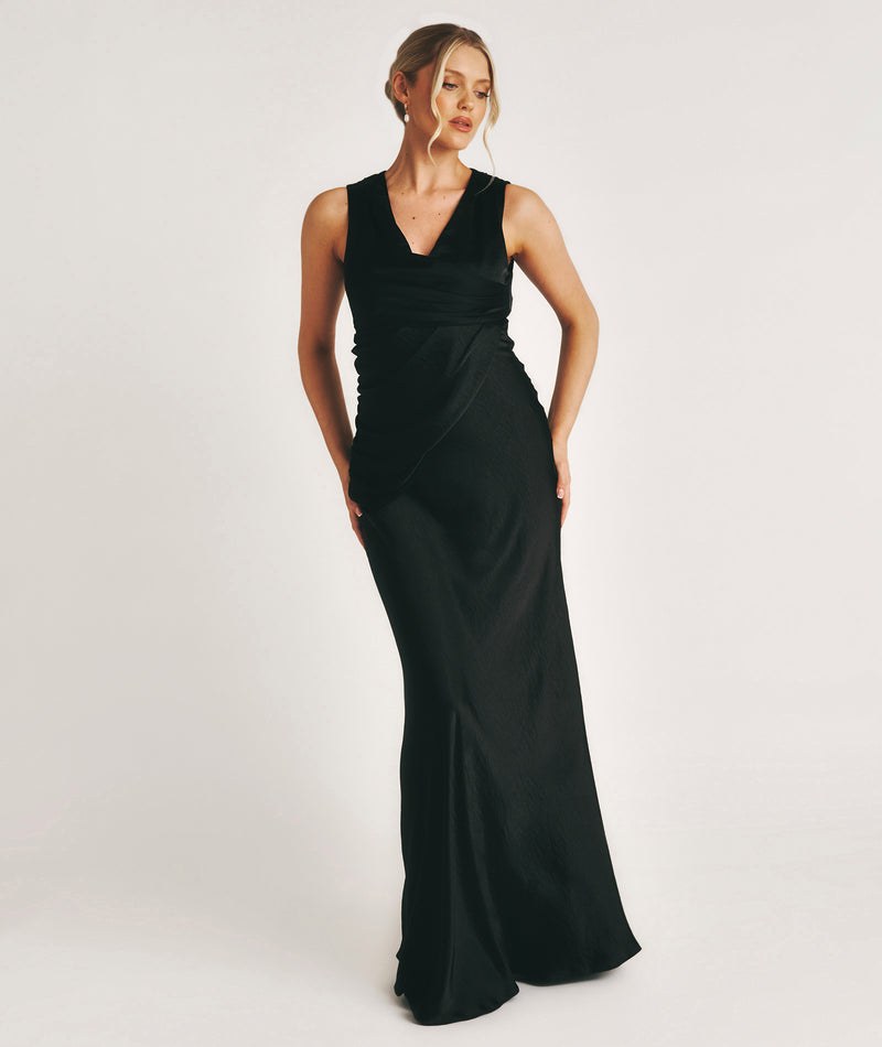 Drape Detail Satin Bridesmaid Dress - Black
