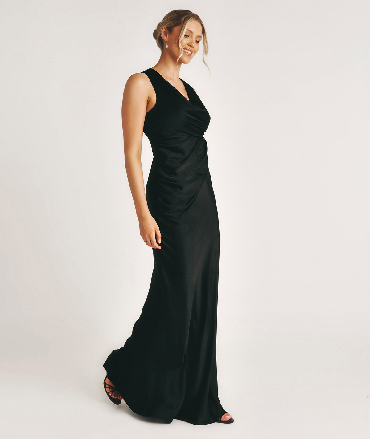 black satin maxi bridesmaid dress Cami Cowl Front Satin Bridesmaid Dress - Black