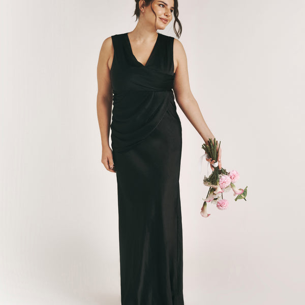 Six Stories Plunge Drape Satin Bridesmaid Dress - Black - 6 Six Stories Plunge Drape Satin Bridesmaid Dress - Black - 6