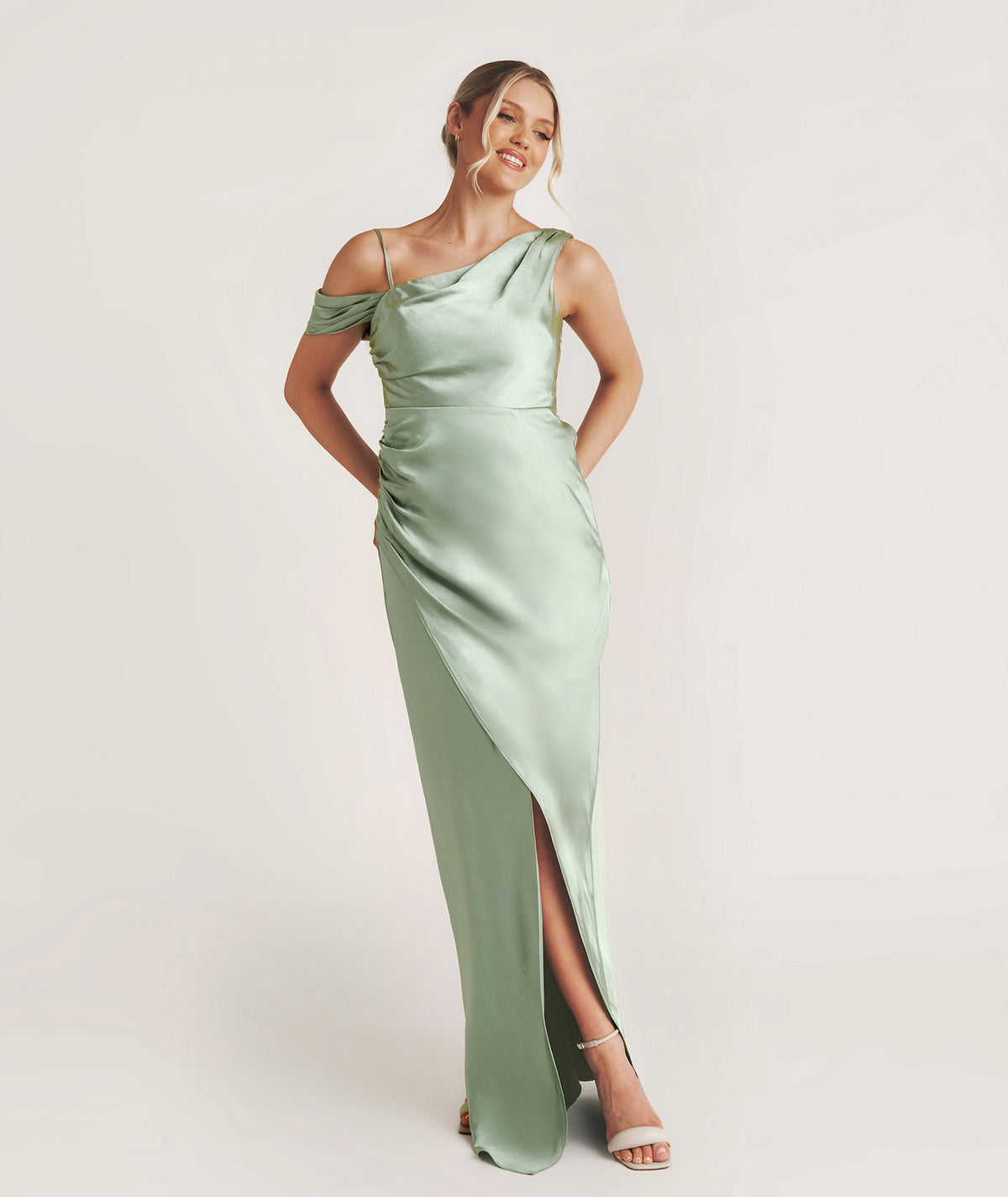 Asymmetrical Satin Bridesmaid Dress - Sage