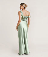 Asymmetrical Satin Bridesmaid Dress - Sage