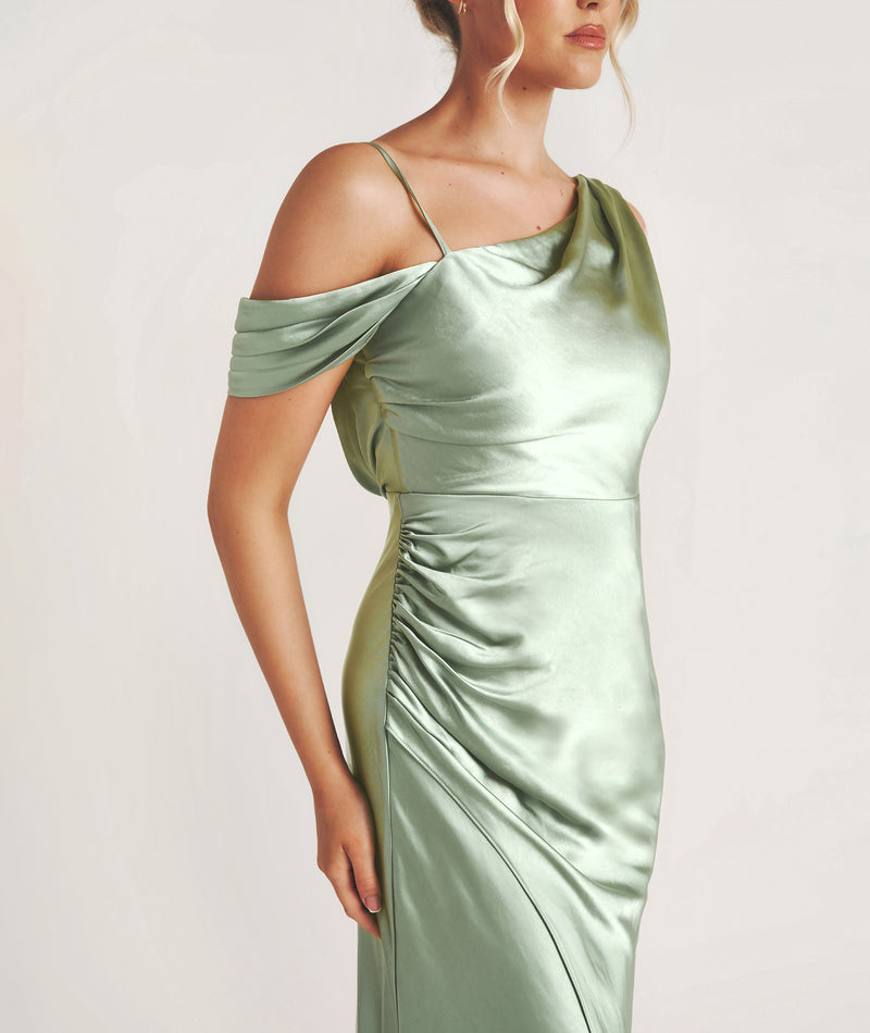 Asymmetrical Satin Bridesmaid Dress - Sage