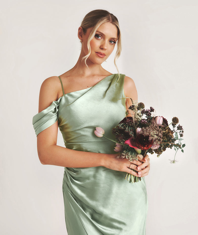 Asymmetrical Satin Bridesmaid Dress - Sage