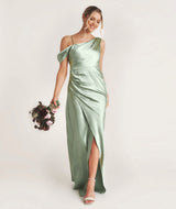 Asymmetrical Satin Bridesmaid Dress - Sage