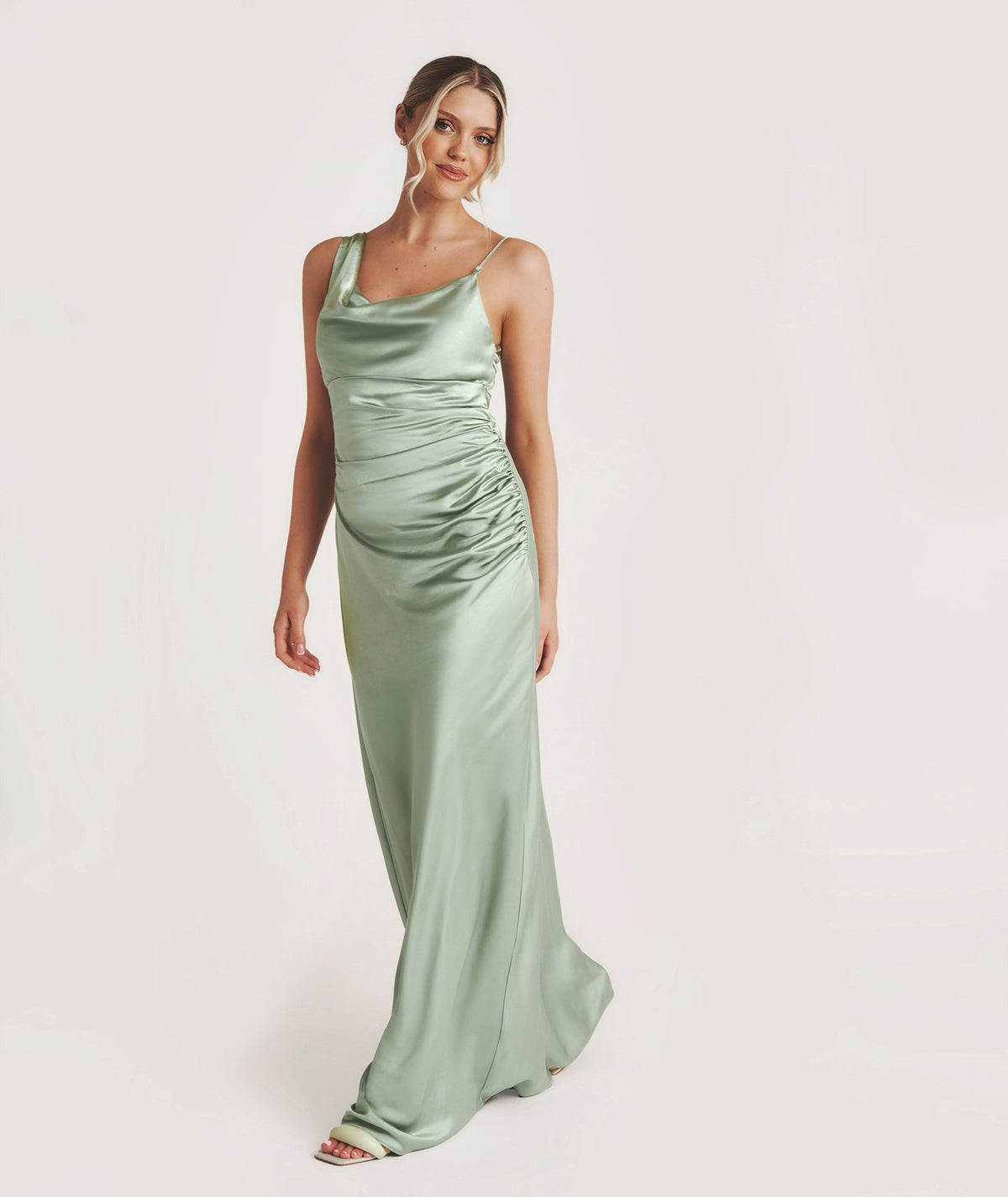 Cowl Asymmetrical Satin Bridesmaid Dress - Sage