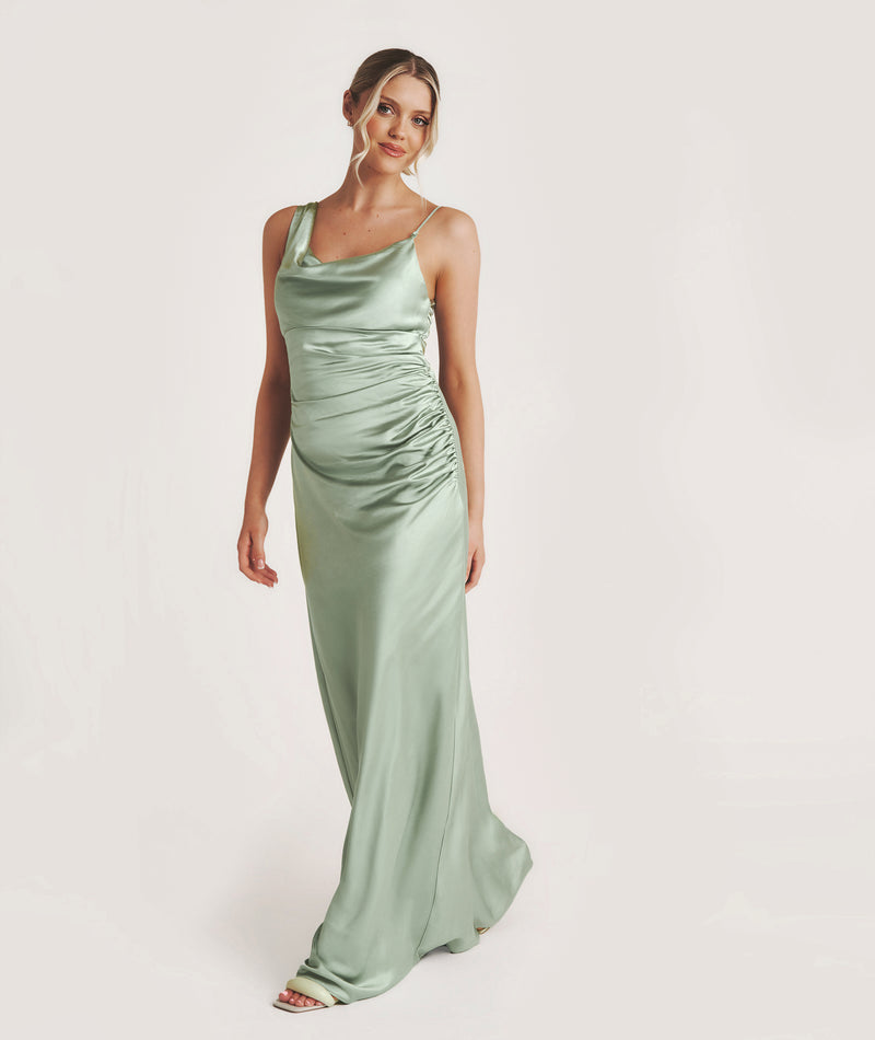 Cowl Asymmetrical Satin Bridesmaid Dress - Sage