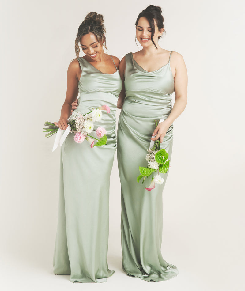 Cowl Asymmetrical Satin Bridesmaid Dress - Sage