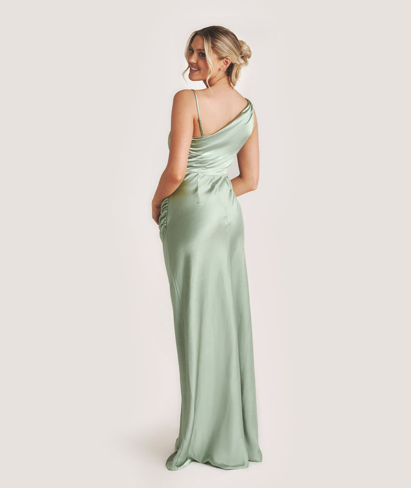 Cowl Asymmetrical Satin Bridesmaid Dress - Sage