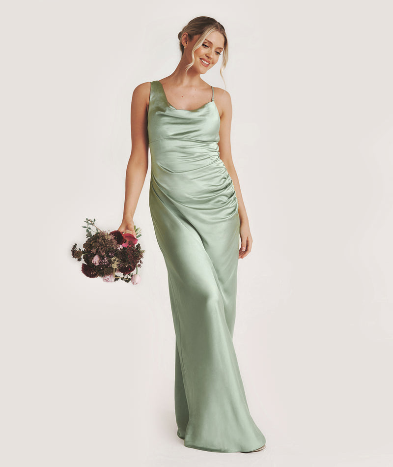 Cowl Asymmetrical Satin Bridesmaid Dress - Sage