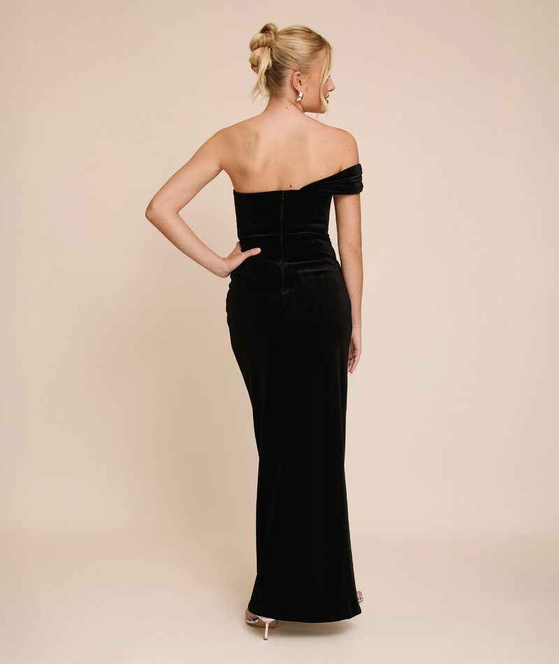 Velvet Gathered One Shoulder Maxi Dress - Black