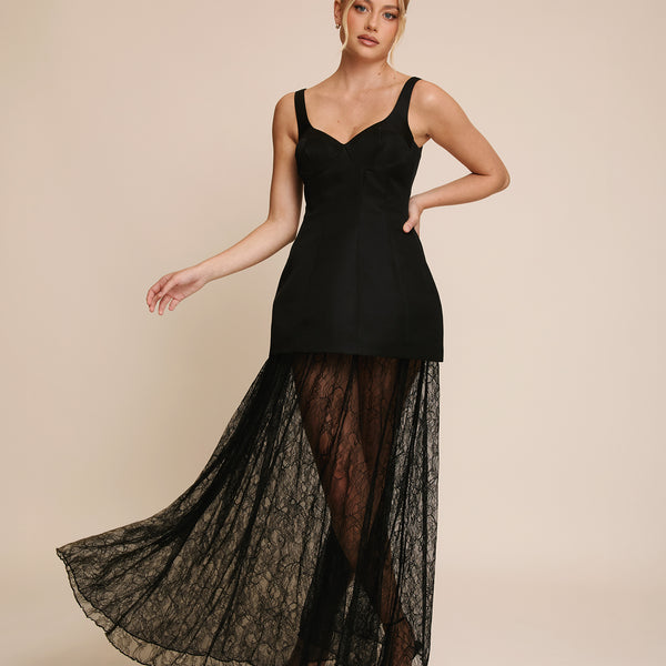 Plunge Satin Dress with Lace Skirt - Black | Black Tie | Black Maxi Dresses