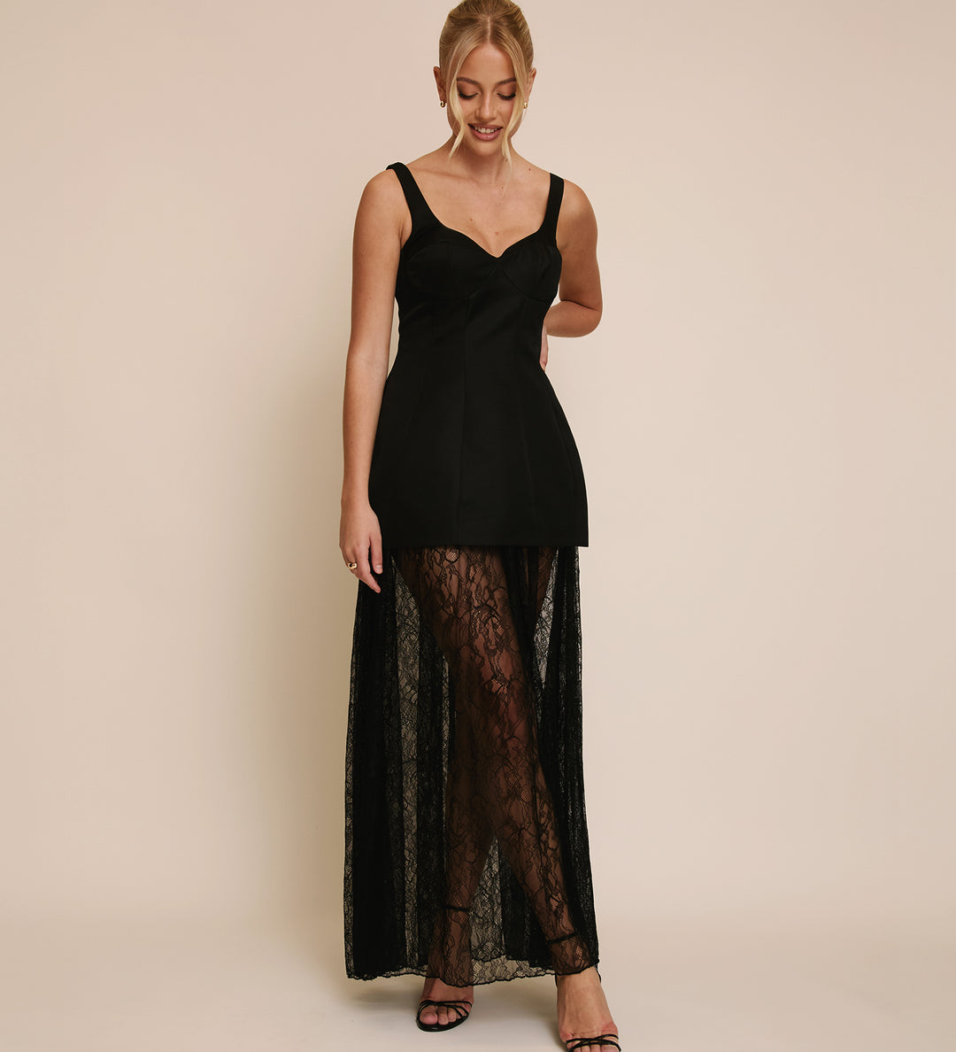Plunge Satin Dress with Lace Skirt - Black | Black Tie | Black Maxi Dresses - Size US 6 Plunge Satin Dress with Lace Skirt - Black | Black Tie | Black Maxi Dresses - Size US 6