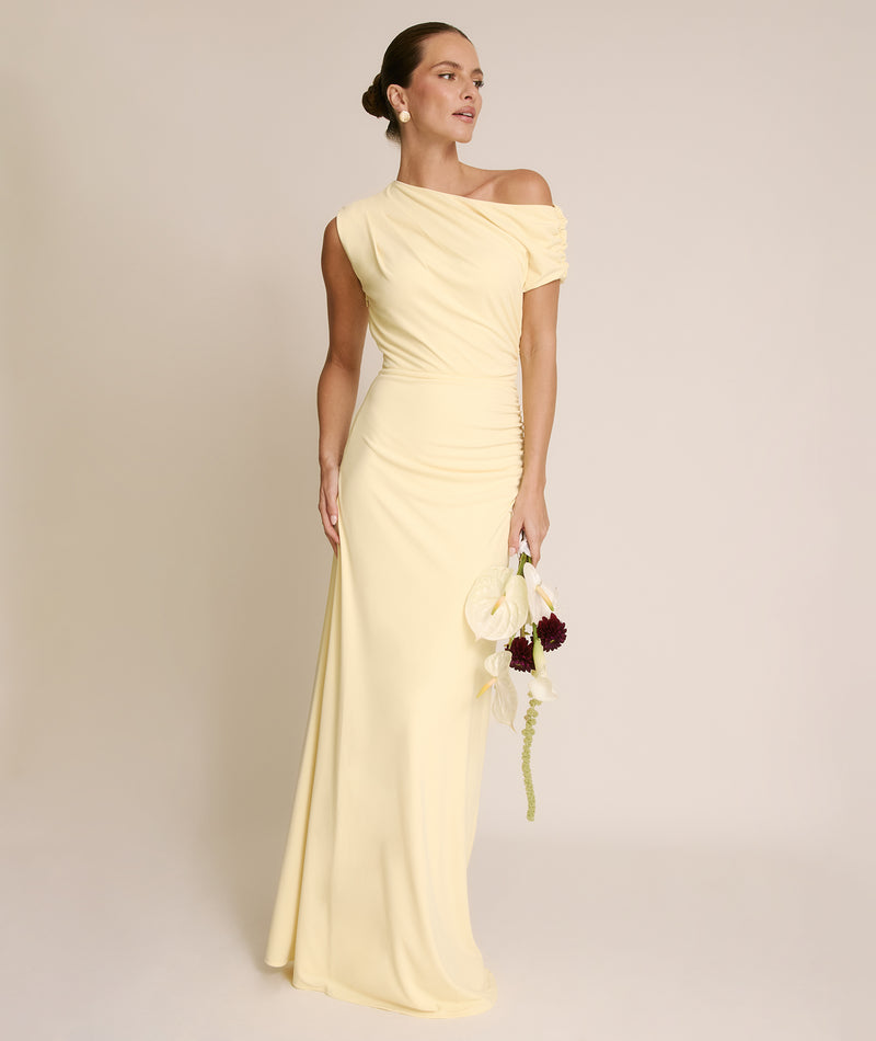 Asymmetric Neck Stretch Sculpt Bridesmaid Dress - Lemon- Size US 14 Asymmetric Neck Stretch Sculpt Bridesmaid Dress - Lemon- Size US 14