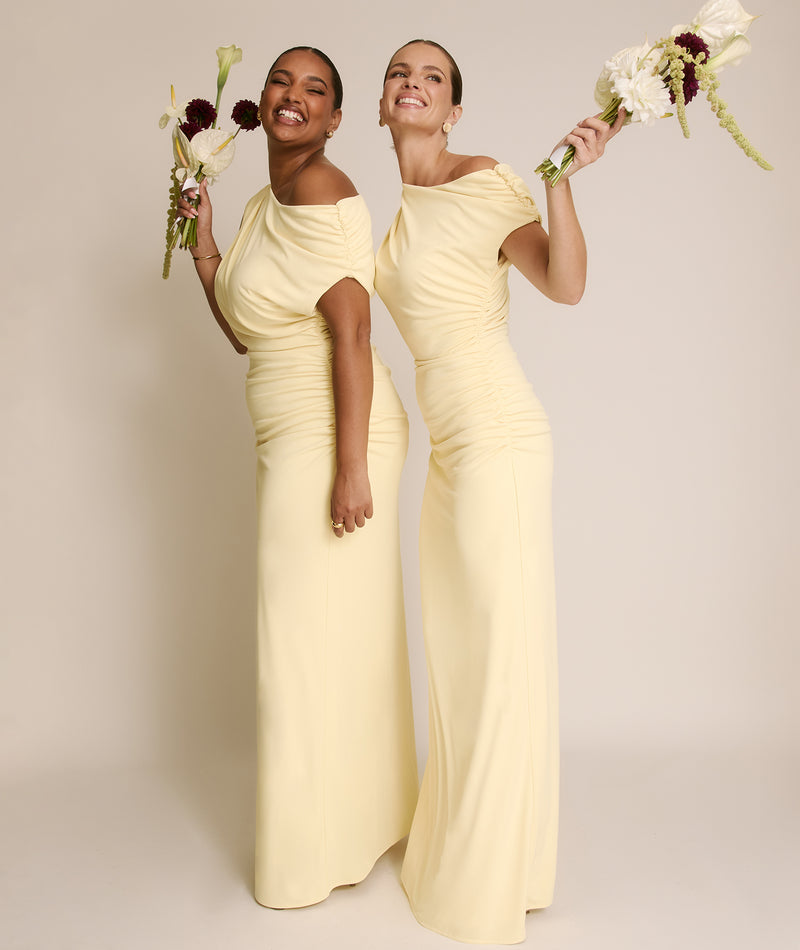 Asymmetric Neck Stretch Sculpt Bridesmaid Dress - Lemon- Size US 14 Asymmetric Neck Stretch Sculpt Bridesmaid Dress - Lemon- Size US 14