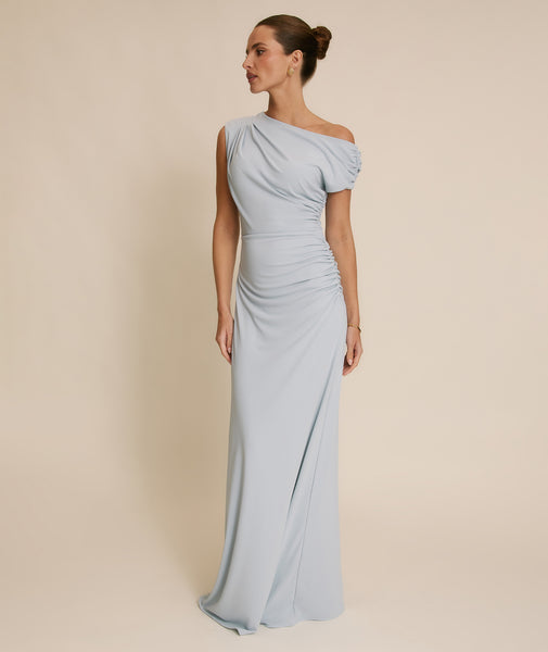 Asymmetric Neck Stretch Sculpt Bridesmaid Dress - Pale Blue