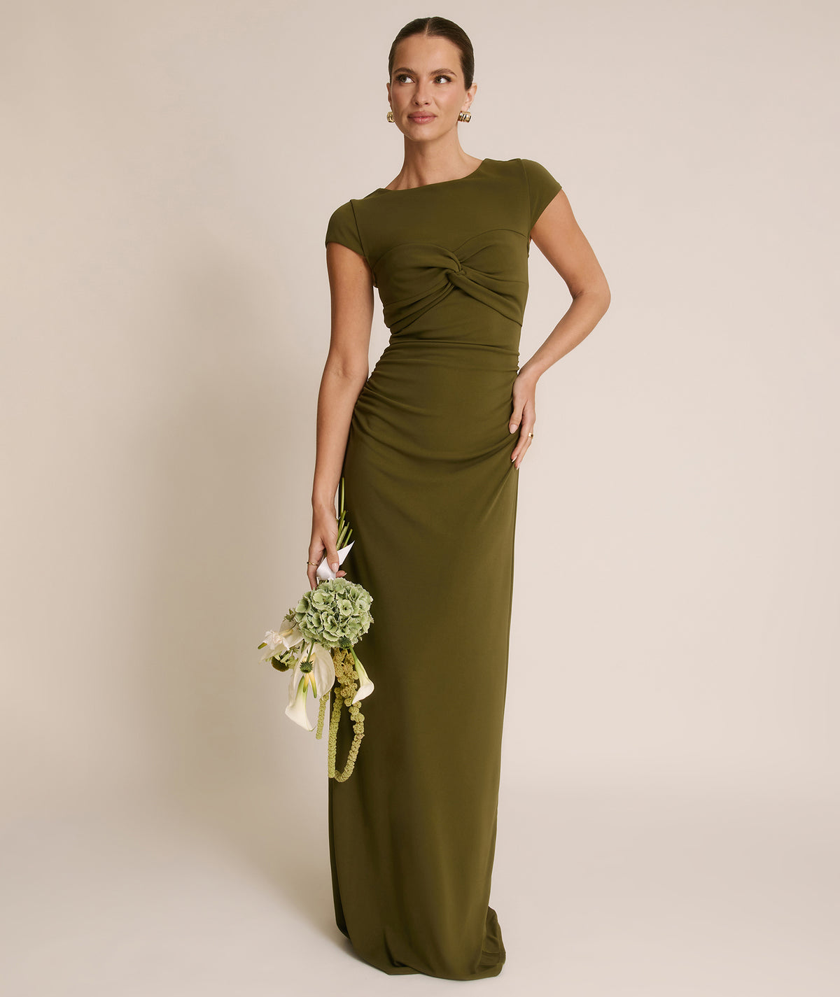 Cowl Wrap Neck Stretch Sculpt Bridesmaid Dress