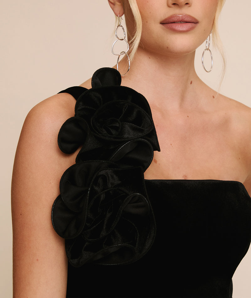 Velvet Corsage A-line Mini Dress - Black