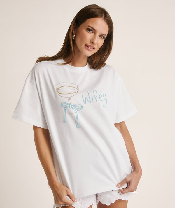 Wifey Champagne Coupe Beaded Tee – White