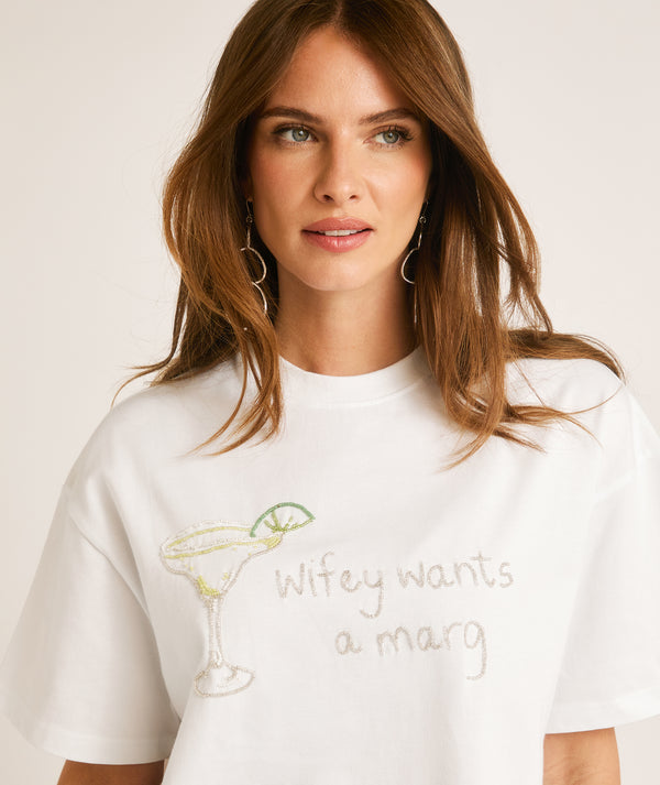 Wifey Wants a Marg Beaded Tee - White