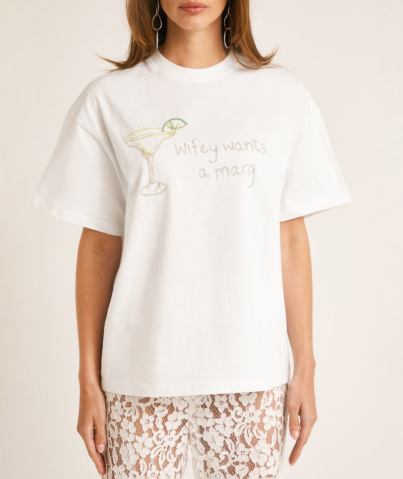 Wifey Wants a Marg Beaded Tee - White