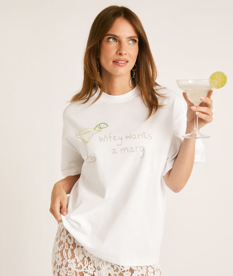 Wifey Wants a Marg Beaded Tee - White