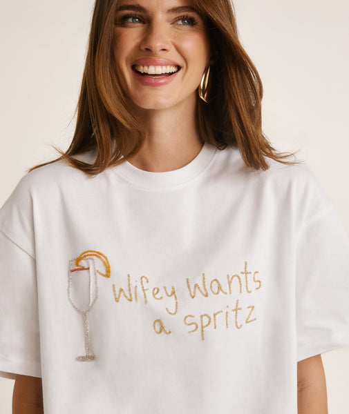 Wifey Wants a Spritz Beaded Tee - White size S
