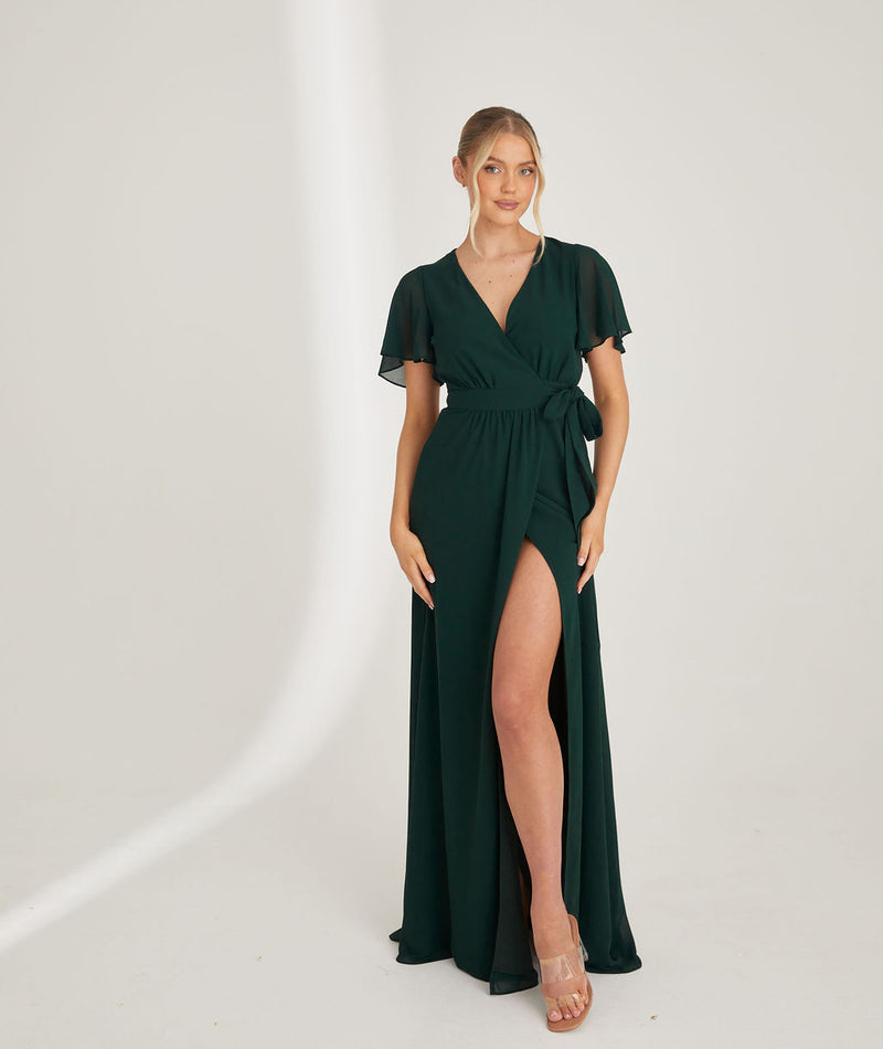 Wrap Tie Chiffon Bridesmaid Dress - Emerald Wrap Tie Chiffon Bridesmaid Dress - Emerald