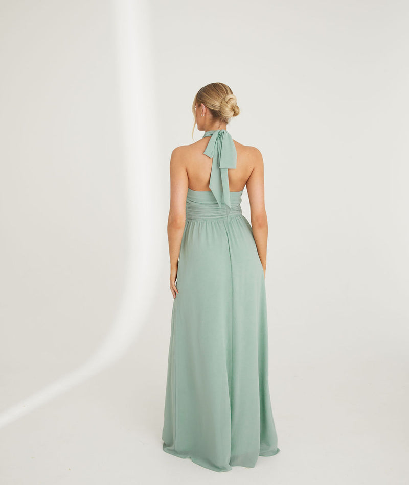 Halter Neck Pleated Waist Chiffon Bridesmaid Dress - Sage