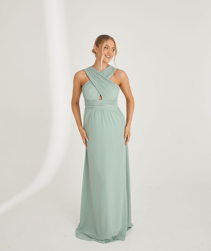 Cross Neck Chiffon Bridesmaid Dress - Sage Six Stories Cross Neck Chiffon Bridesmaid Dress - Sage Six Stories