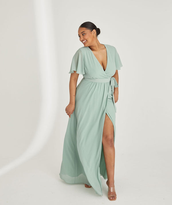 Flutter Sleeve V Neck Plunge Crepe Bridesmaid Dress - Sage | Six Stories Flutter Sleeve V Neck Plunge Crepe Bridesmaid Dress - Sage | Six Stories
