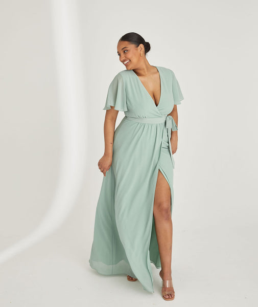 faux-wrap pleated chiffon bridesmaid dress Pleated Faux Wrap Satin Maxi Dress with Adjustable Spaghetti Straps