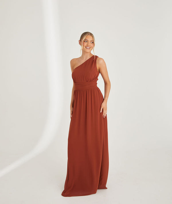 One Shoulder Chiffon Bridesmaid Dress - Rust Six Stories One Shoulder Chiffon Bridesmaid Dress - Rust Six Stories